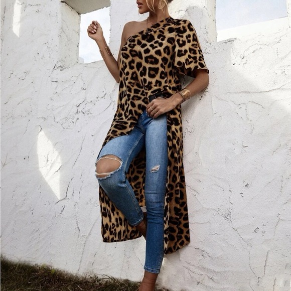 One Shoulder Leopard Print Asymmetrical High Low Tunic Top Blouse Shirt - Picture 6 of 7